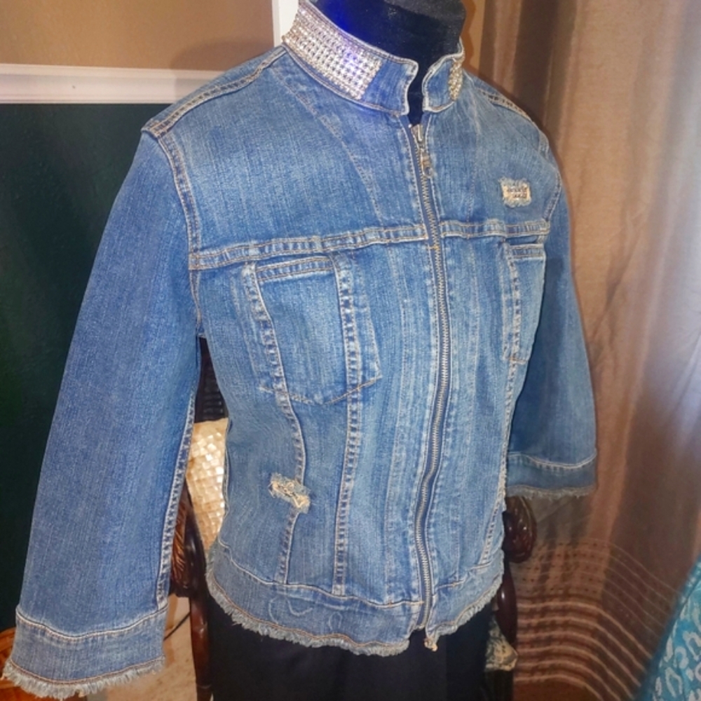 Allen B Scwartz Rhinestone Encrusted Distressed Denim Jacket